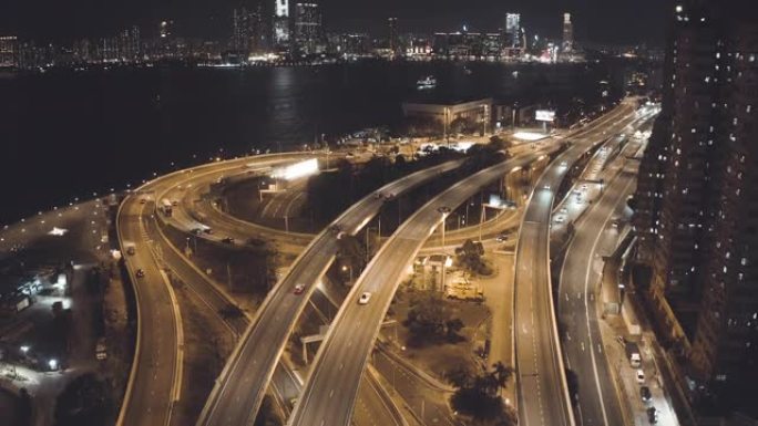 夜间香港城市无人机景观