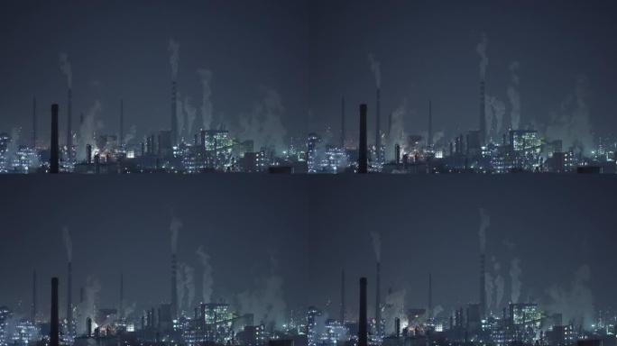 夜间石化厂和炼油工业鸟瞰图