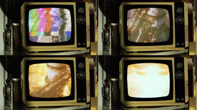 1969阿波罗11号在复古电视上发射的彩色镜头。NASA提供的这段视频的元素。4k分辨率。