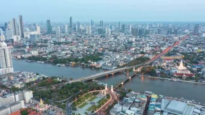 鸟瞰图日夜时间流逝泰国曼谷城市天际线。