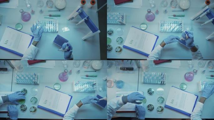在现代实验室的桌子后面，戴着蓝色橡胶手套的医学研究科学家的头部摄像机镜头。医生使用试管，比较样本并写
