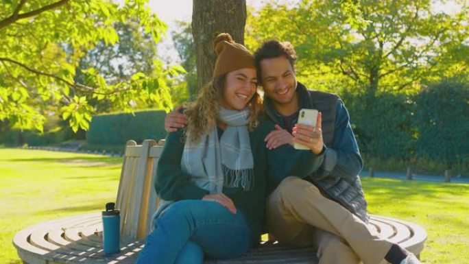 情侣坐在秋园的长凳上用手机视频通话