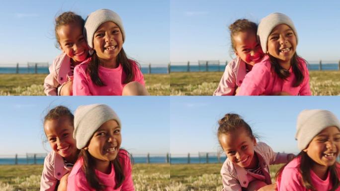 朋友，草地和女孩的肖像在海滩上玩得开心，在公园里玩耍。大自然，自由和微笑的姐妹，孩子们在海洋快乐的暑