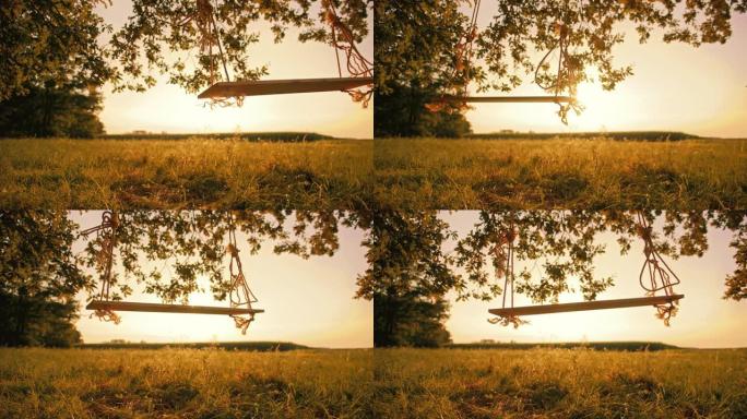 慢动作，在阳光明媚的草地上悬挂在大树枝上的空绳索秋千的特写镜头