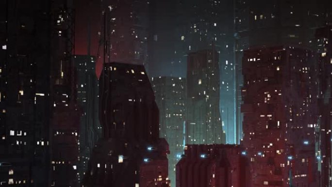 未来主义的反乌托邦科幻城市在夜间建立了俯仰