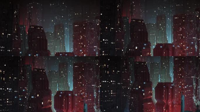 未来主义的反乌托邦科幻城市在夜间建立了俯仰