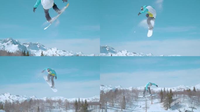 慢动作男性滑雪者在空中飞行，并旋转鼻子抓住