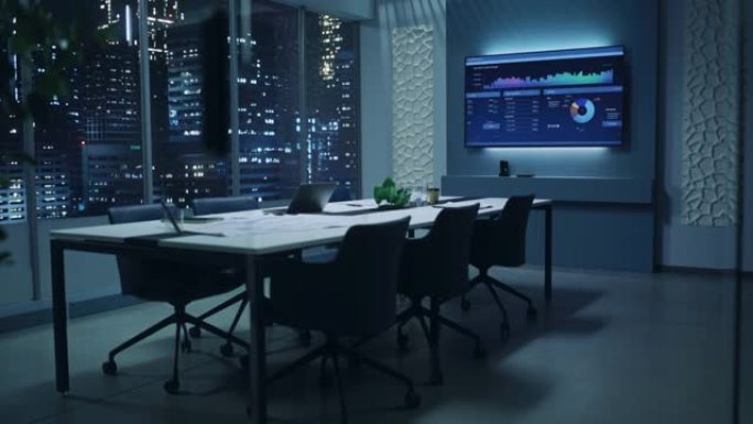现代化的空会议室，有大会议桌，上面放着各种文件和笔记本电脑。墙上的电视显示公司的增长，统计，图表和饼