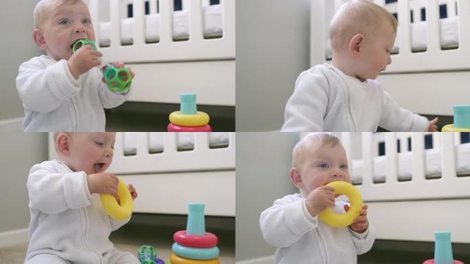 4k视频片段，一个可爱的男婴在家里的地板上玩玩具