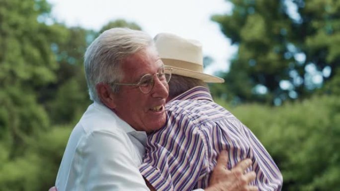 一位富有表现力的老人在绿色公园的一次情感聚会中与他的老朋友见面。两个年长的兄弟互相拥抱，庆祝他们的纽