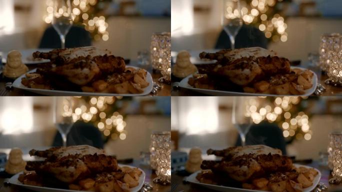 圣诞节前夕餐桌上的传统酿烤鸡