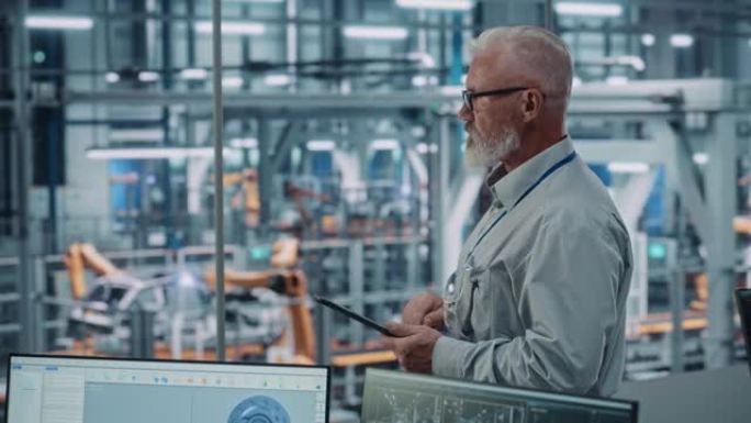 汽车厂办公室: 高级白人男性总工程师肖像使用平板电脑在自动化机器人手臂装配线上制造高科技电动汽车。弧