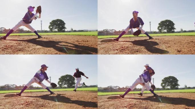 多样化的女棒球运动员，基地外野手在棒球场上追赶奔跑的击球手
