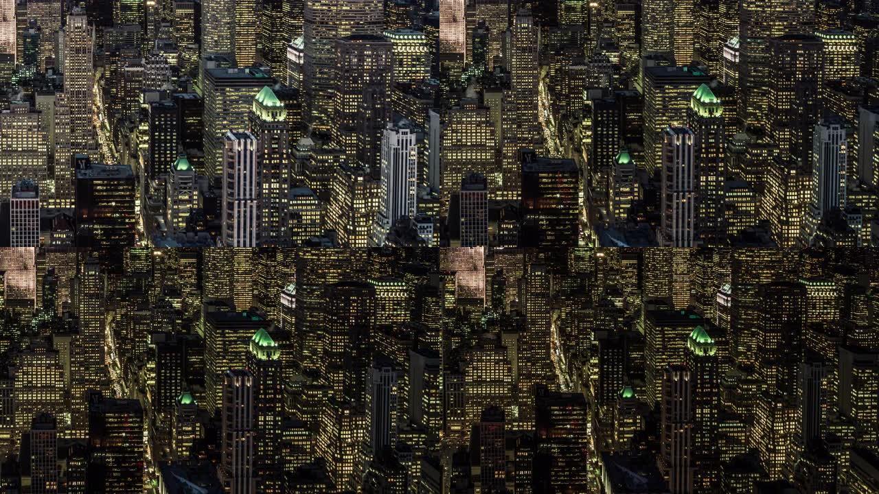 曼哈顿中城夜间摩天大楼的T/L ZO鸟瞰图/纽约