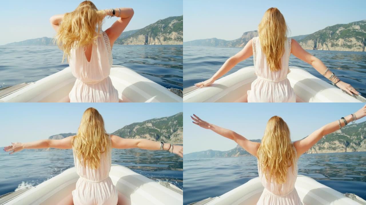 在意大利，一个无法识别的女人跪在船上的4k视频片段