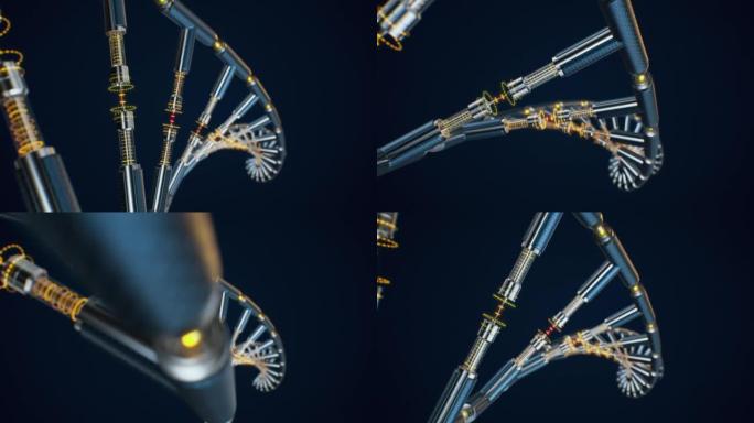 未来的机械DNA在黑暗的背景下进行生物设计。分子生物学概念