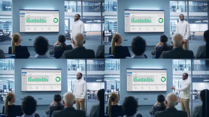 现代产品展示活动: 舞台上成功的黑人商人演讲者展示了电子商务初创公司的大数据统计，图表，收入增长信息