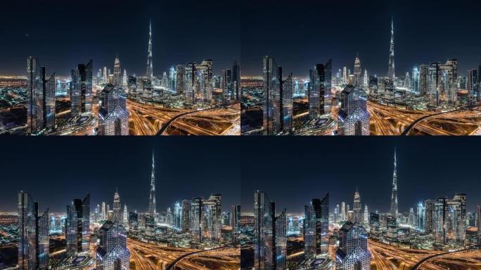 阿联酋迪拜夜间/迪拜天际线的T/L ZI鸟瞰图