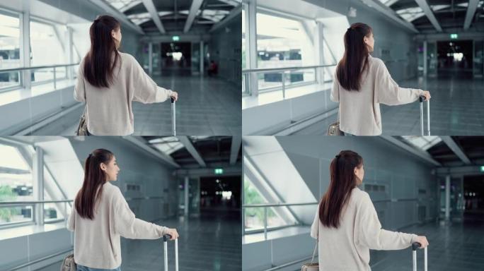 年轻的亚洲女孩单人旅行者，在机场开始新的一天