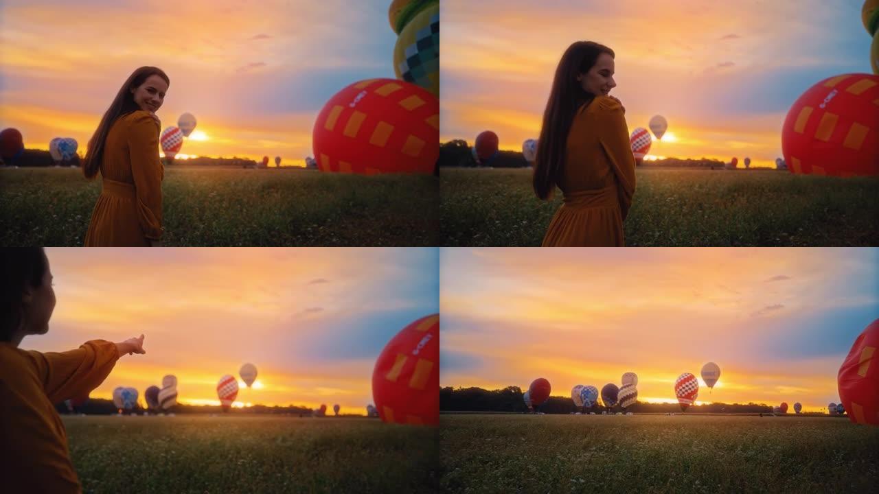 带着热气球的田园诗般的美丽年轻女子肖像