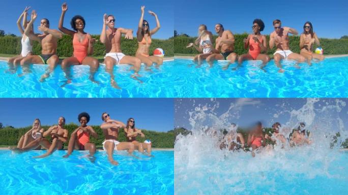 穿着泳装的年轻多民族朋友的真实照片很有趣，可以在游泳池里一起享受暑假，并在阳光明媚的日子里跳舞。