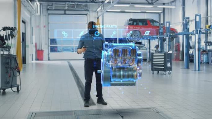 Car Service Manager使用带有控制器的未来派虚拟现实耳机诊断小工具。专家检查V6内燃