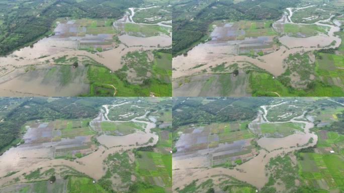 泰国北部被洪水淹没的农业农场上方的鸟瞰图