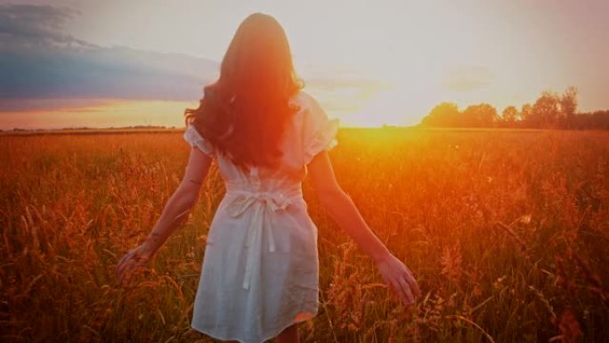 SLO MO美丽的镜头，一个穿着白色连衣裙的女人在日落时在草地上行走