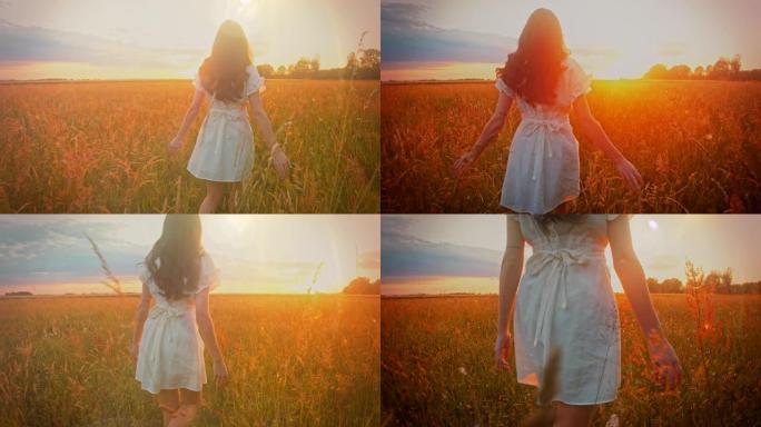 SLO MO美丽的镜头，一个穿着白色连衣裙的女人在日落时在草地上行走