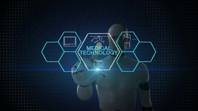 机器人，机器人触摸 “医疗技术” 和各种未来医疗技术图标在六角形，4k动画1。