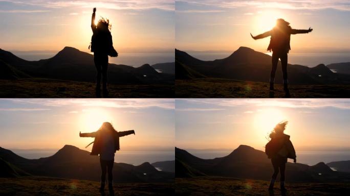 4k视频片段，一个无法识别的女人在远足时欣赏山景