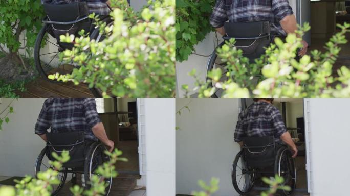 坐在轮椅上的高加索残疾人进入他家的门