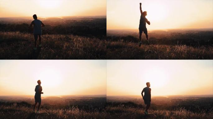 这位年轻的运动员在山顶上奔跑，景色优美。慢动作