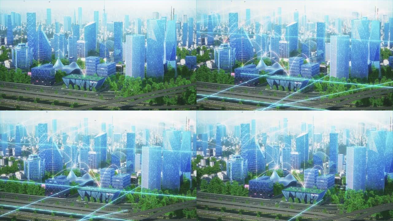 未来主义城市概念。动画的现代城市大都市的大镜头，渲染的摩天大楼显示了全球大数据连接，信息流和人工智能