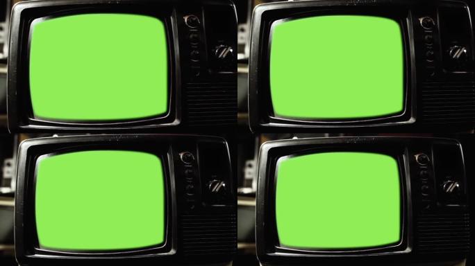 带色度键绿色屏幕的复古电视。特写。缩小。您可以用所需的素材或图片替换绿色屏幕。您可以在After E