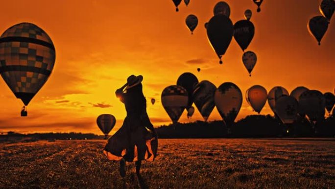 WS的剪影，一个无忧无虑的女人在野外奔跑，日落时天空中有热气球