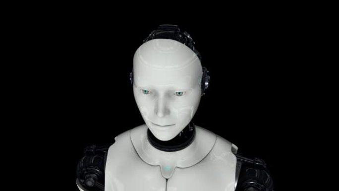 人形机器人是活跃的。人工智能。摄像机在机器人周围飞行。4K. 3D动画。在黑色背景上。