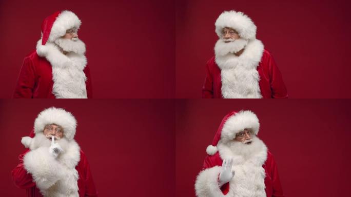 圣诞老人说了些什么，环顾四周，然后用食指指着他的嘴显示出沉默的迹象，我们从红色背景上看到了他