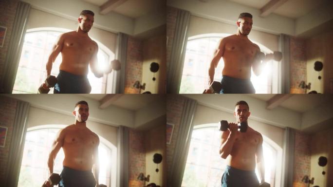 一个强壮的运动黑人男子在家赤膊锻炼，用哑铃训练的肖像。健康的肌肉运动员保持健康，在家训练。汗水，决心
