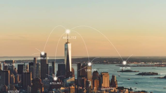 T/L TD曼哈顿城市天际线和5G网络概念在日落/纽约