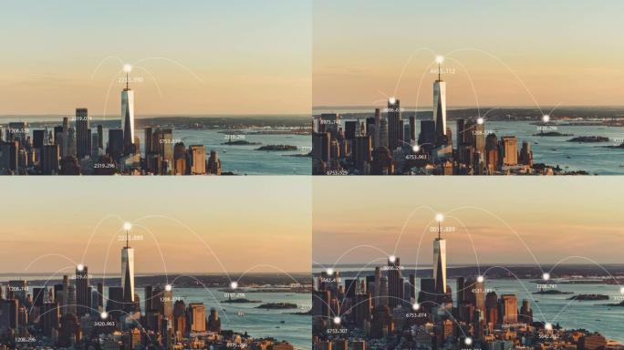 T/L TD曼哈顿城市天际线和5G网络概念在日落/纽约