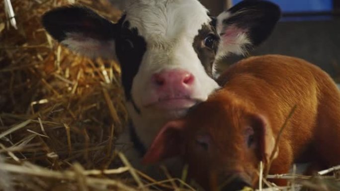 生态生长的新生小牛和棕色小猪的电影特写镜头，用于生物真品行业，躺在农村繁殖场的干草上。概念: 生态、