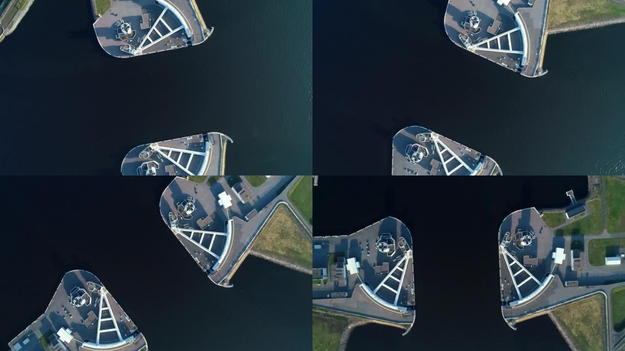 从鸟瞰图看圣彼得堡大坝一条运河的无人机镜头