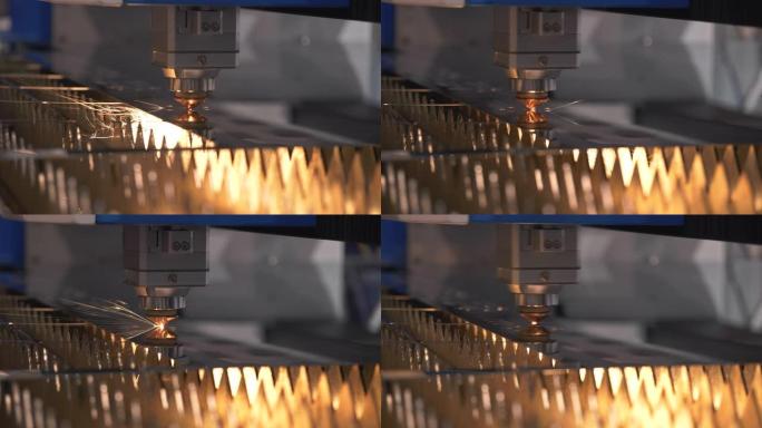 现代技术对金属水平铁制品物体热气的数控切割动力作用。在计算机程序重工业中制作工业细节。切割金属材料激