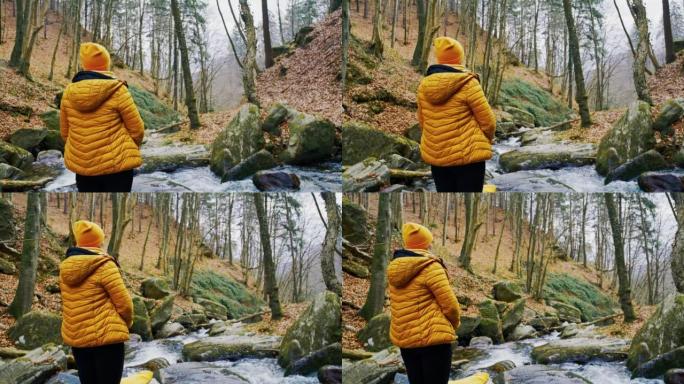 穿着暖和衣服的女人站在森林流水旁的岩石上