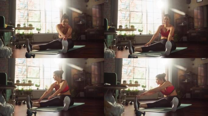 家庭健身房训练: 华丽加大码身体积极的女孩锻炼。强壮的女运动员锻炼身体。精力充沛的行动，健身，汗水，