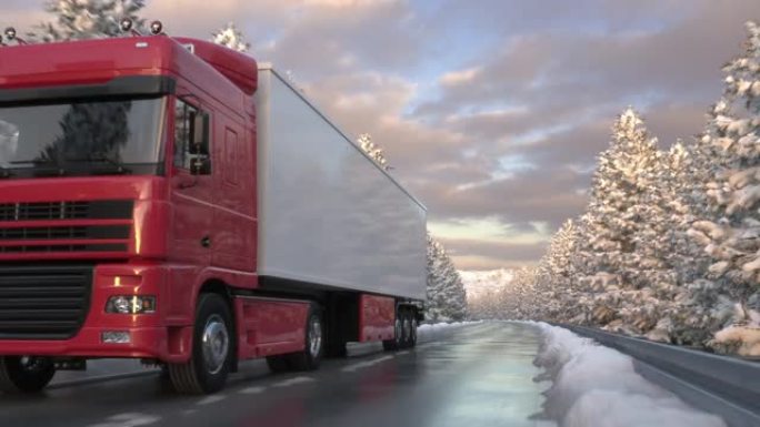 半挂卡车在白雪皑皑的乡村道路上通过摄像头的前视图
