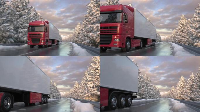半挂卡车在白雪皑皑的乡村道路上通过摄像头的前视图
