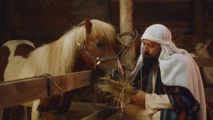约瑟夫在马stable里喂马
