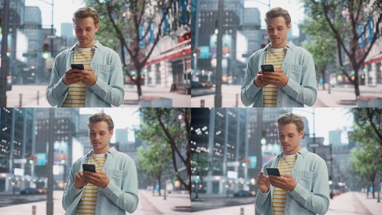 一个英俊的年轻人穿着便服，在城市街道上使用智能手机的肖像。大城市的经理与人们在线联系，消息传递和浏览